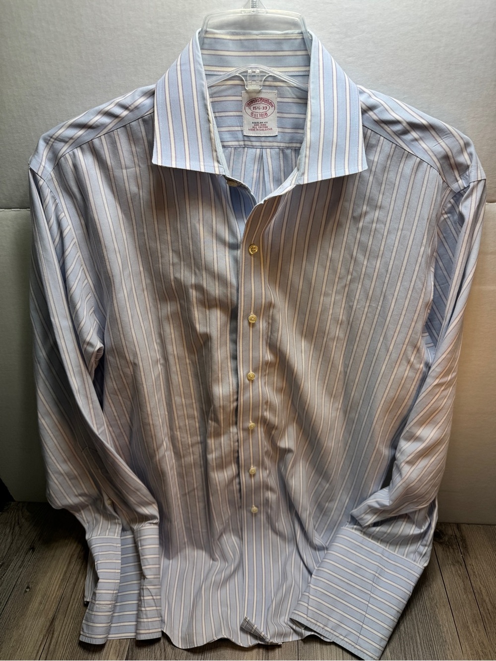 BROOKS BROTHERS Men Regular Fit Blue Red Stripe French Cuff Dress Shirt 15.5-33